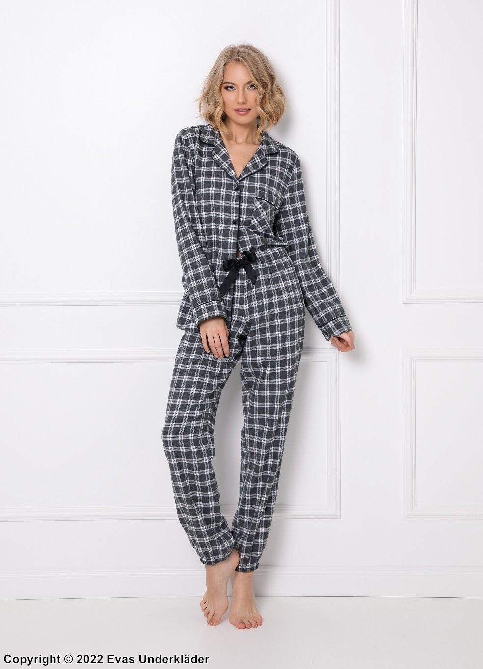 Pyjamas / morgenkåpe, bånd, lange ermer, lomme, rutete mønster